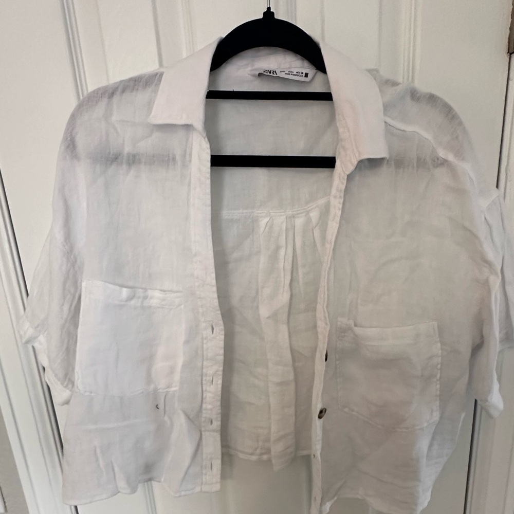 Zara Cropped button up white linen top